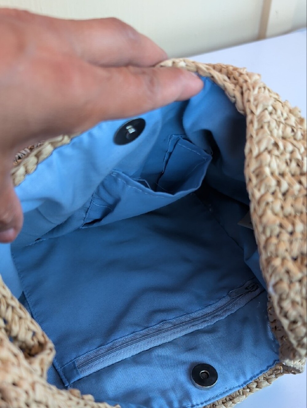 Woven Shoulder Bucket Bag in Natural and Light Blue - Picture 4 of 7
